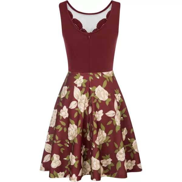 GRACE KARIN Women Sleeveless Lace Patchwork Deep VNeck A Line Flared Party DressBurgundy Floral