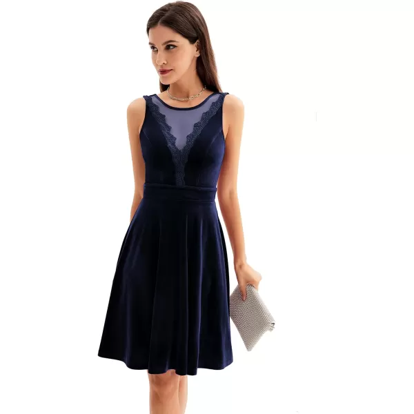 GRACE KARIN Women Sleeveless Lace Patchwork Deep VNeck A Line Flared Party DressDark Bluevelvet