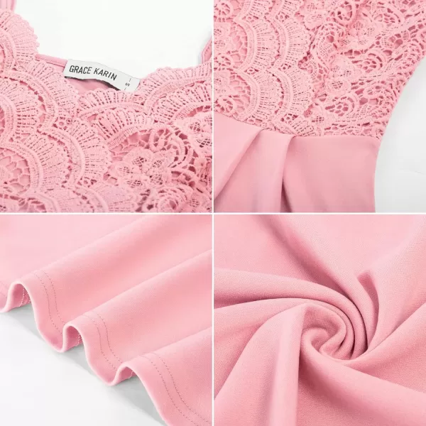 GRACE KARIN Women Sleeveless Lace Patchwork Deep VNeck A Line Flared Party DressPinksleeveless