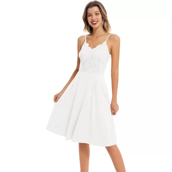 GRACE KARIN Women Sleeveless Lace Patchwork Deep VNeck A Line Flared Party DressWhitesleeveless