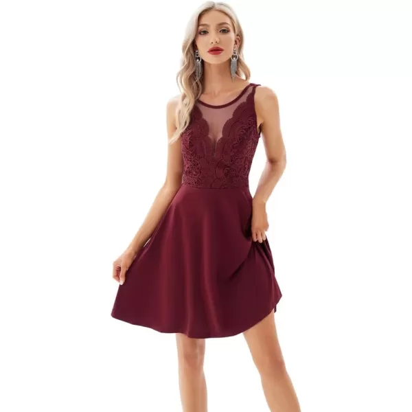 GRACE KARIN Women Sleeveless Lace Patchwork Deep VNeck A Line Flared Party DressWine Red Backlesshigh