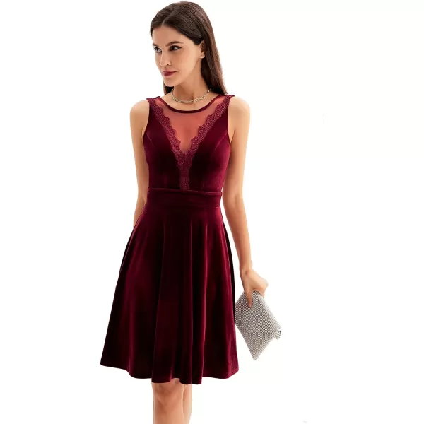 GRACE KARIN Women Sleeveless Lace Patchwork Deep VNeck A Line Flared Party DressWine Redvelvet