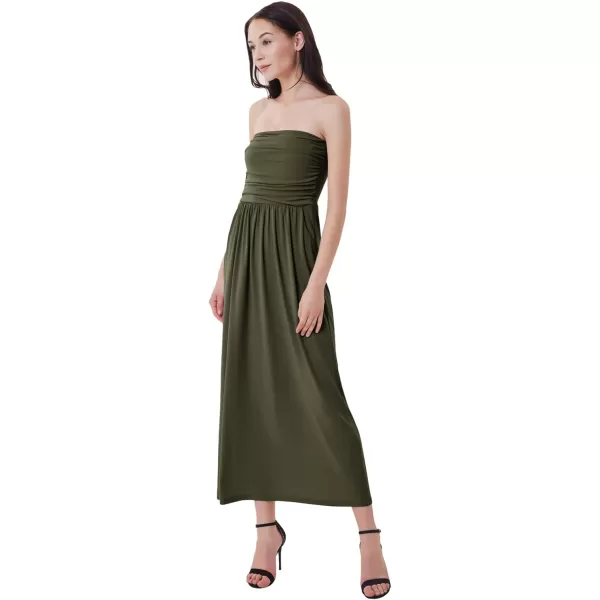 GRACE KARIN Women Strapless Casual Loose Ruched Long Maxi Dress with PocketsDeep Army Green