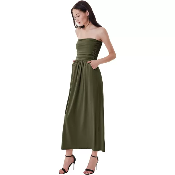 GRACE KARIN Women Strapless Casual Loose Ruched Long Maxi Dress with PocketsDeep Army Green