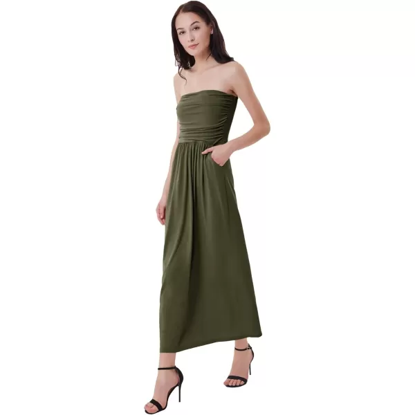 GRACE KARIN Women Strapless Casual Loose Ruched Long Maxi Dress with PocketsDeep Army Green