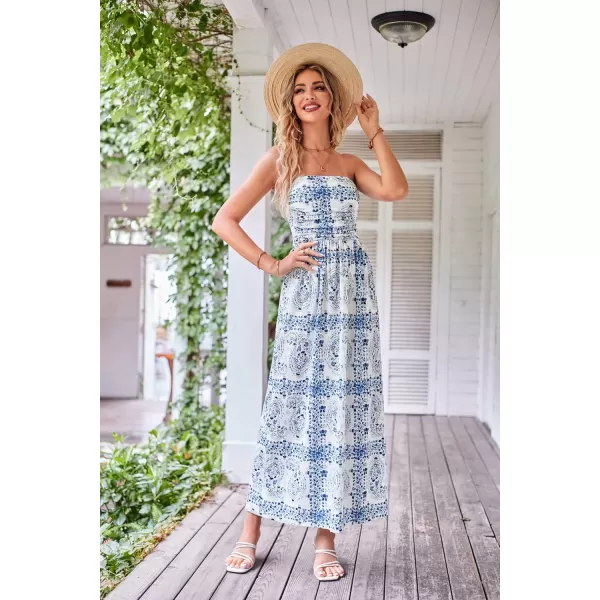 GRACE KARIN Women Strapless Casual Loose Ruched Long Maxi Dress with PocketsFloralwhite