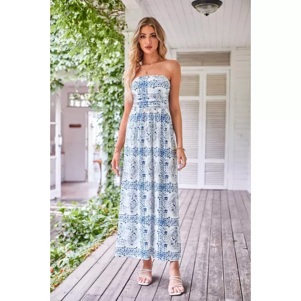 GRACE KARIN Women Strapless Casual Loose Ruched Long Maxi Dress with PocketsFloralwhite