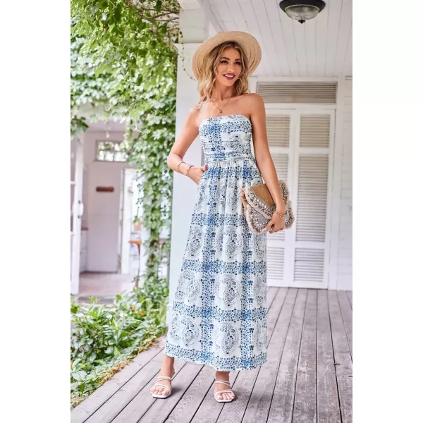 GRACE KARIN Women Strapless Casual Loose Ruched Long Maxi Dress with PocketsFloralwhite