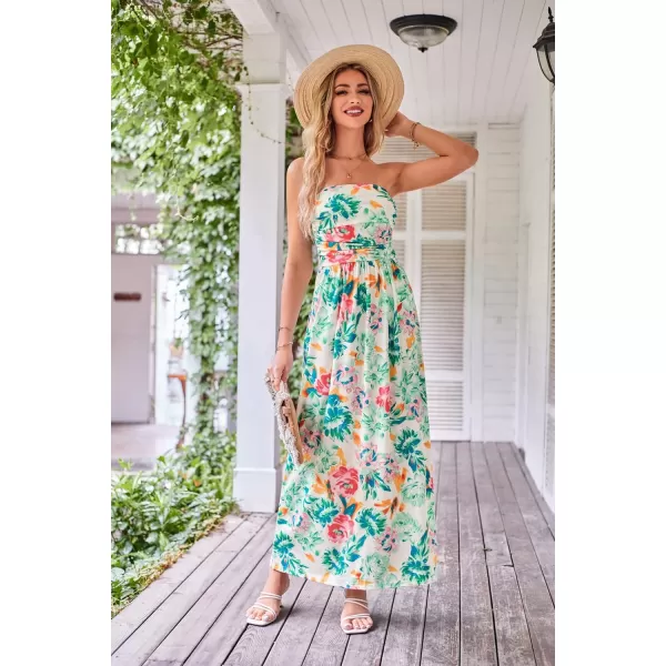 GRACE KARIN Women Strapless Casual Loose Ruched Long Maxi Dress with PocketsGreen Floral