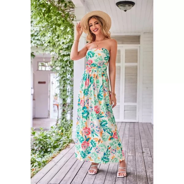 GRACE KARIN Women Strapless Casual Loose Ruched Long Maxi Dress with PocketsGreen Floral