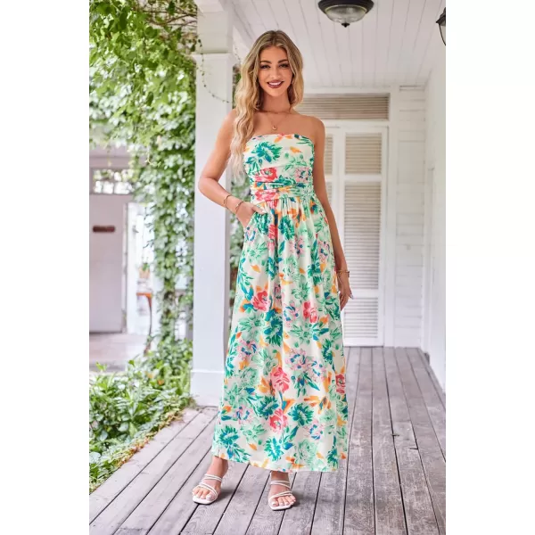 GRACE KARIN Women Strapless Casual Loose Ruched Long Maxi Dress with PocketsGreen Floral