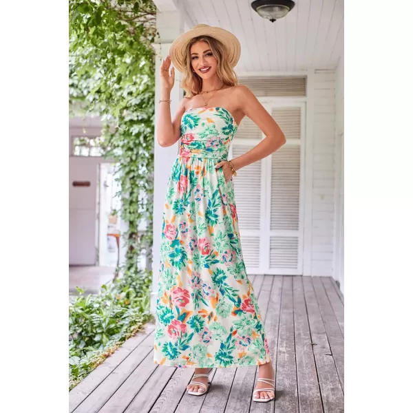 GRACE KARIN Women Strapless Casual Loose Ruched Long Maxi Dress with PocketsGreen Floral