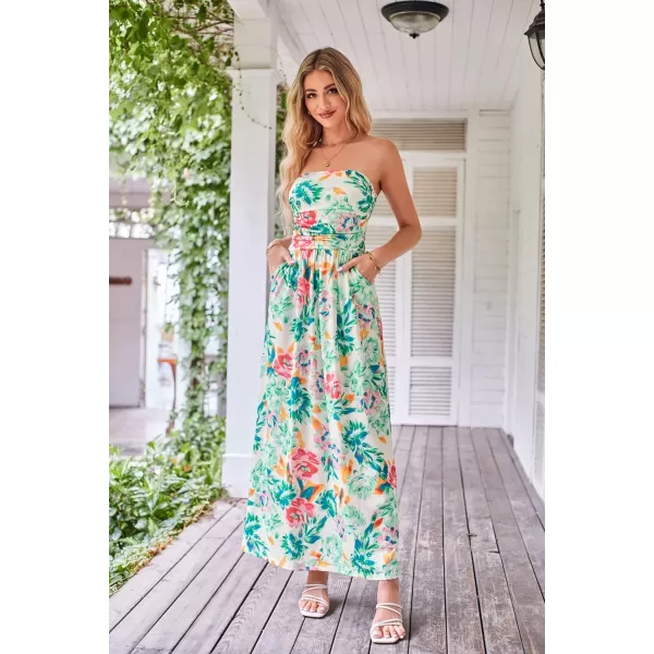 GRACE KARIN Women Strapless Casual Loose Ruched Long Maxi Dress with PocketsGreen Floral