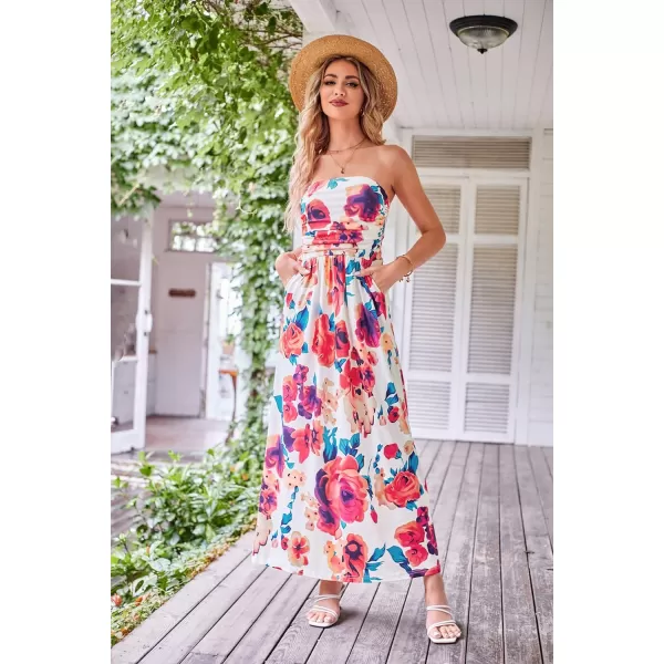 GRACE KARIN Women Strapless Casual Loose Ruched Long Maxi Dress with PocketsMulticolor Floral