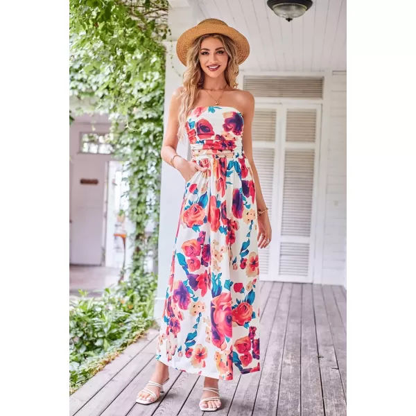 GRACE KARIN Women Strapless Casual Loose Ruched Long Maxi Dress with PocketsMulticolor Floral