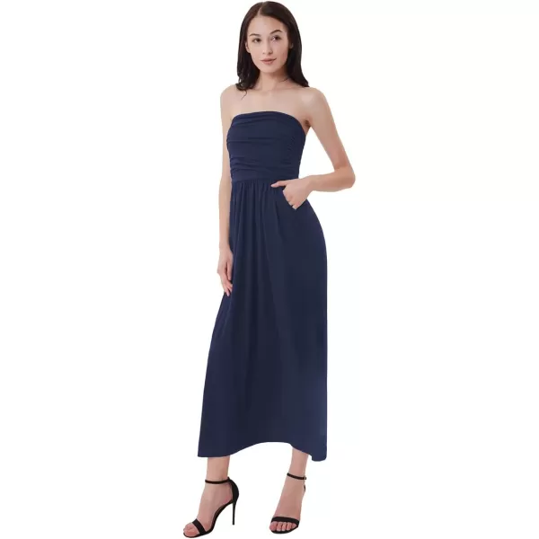 GRACE KARIN Women Strapless Casual Loose Ruched Long Maxi Dress with PocketsNavy Blue