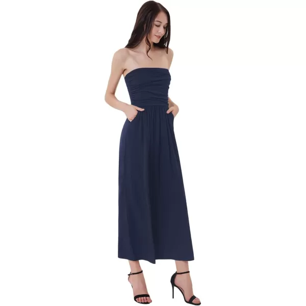 GRACE KARIN Women Strapless Casual Loose Ruched Long Maxi Dress with PocketsNavy Blue