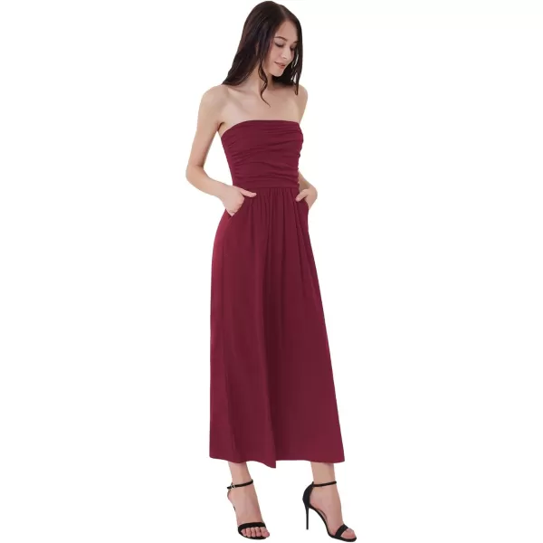 GRACE KARIN Women Strapless Casual Loose Ruched Long Maxi Dress with PocketsWine Red