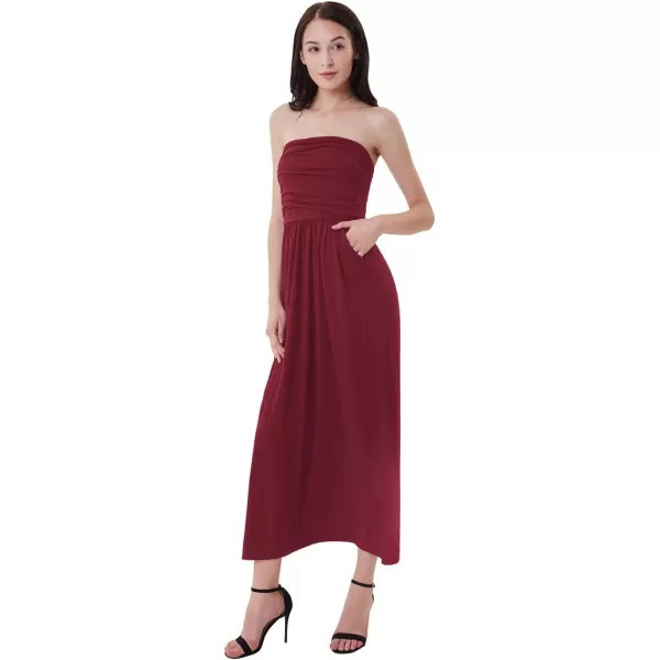 GRACE KARIN Women Strapless Casual Loose Ruched Long Maxi Dress with PocketsWine Red