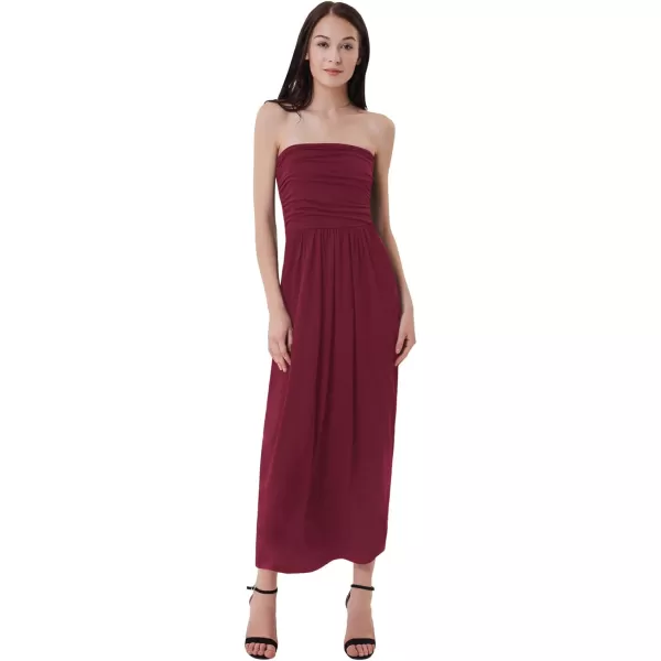 GRACE KARIN Women Strapless Casual Loose Ruched Long Maxi Dress with PocketsWine Red