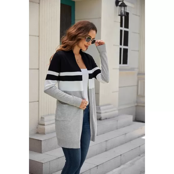 GRACE KARIN Women Striped Long Sleeve Open Cardigan Sweaters Coat with PocketsColorblock14