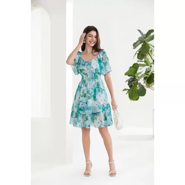 GRACE KARIN Women Summer Ruffle Short Sleeve Square Neck Flowy Tiered Smocked Swing A Line Boho Floral Party Beach DressesMint Floral