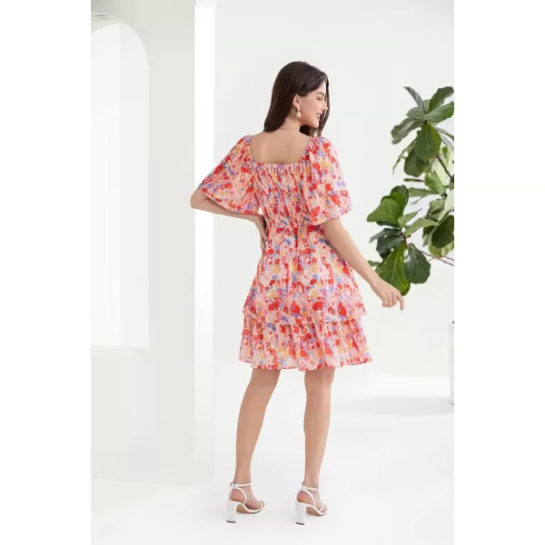 GRACE KARIN Women Summer Ruffle Short Sleeve Square Neck Flowy Tiered Smocked Swing A Line Boho Floral Party Beach DressesMulticolor