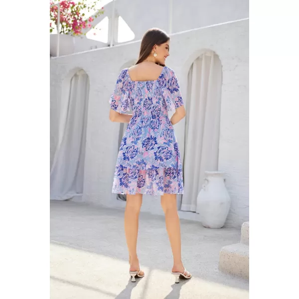 GRACE KARIN Women Summer Ruffle Short Sleeve Square Neck Flowy Tiered Smocked Swing A Line Boho Floral Party Beach DressesViolet