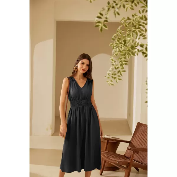 GRACE KARIN Women Summer Sleeveless Tank V Neck Dress 2024 Cotton Linen Smocked Casual Loose Midi Dress with PocketsBlack