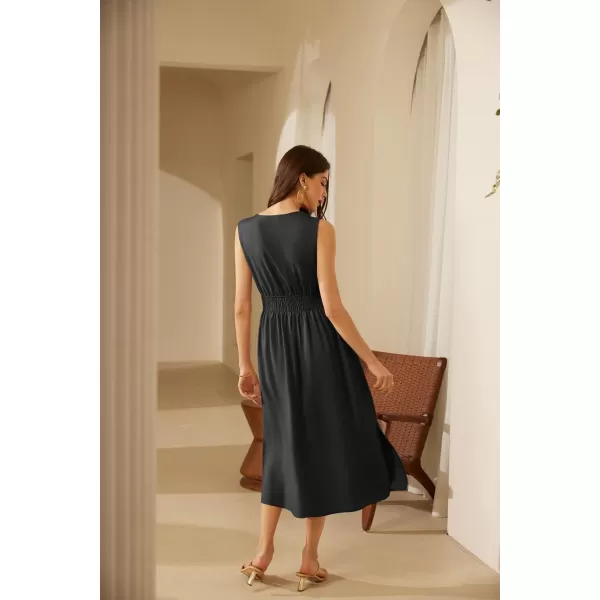 GRACE KARIN Women Summer Sleeveless Tank V Neck Dress 2024 Cotton Linen Smocked Casual Loose Midi Dress with PocketsBlack