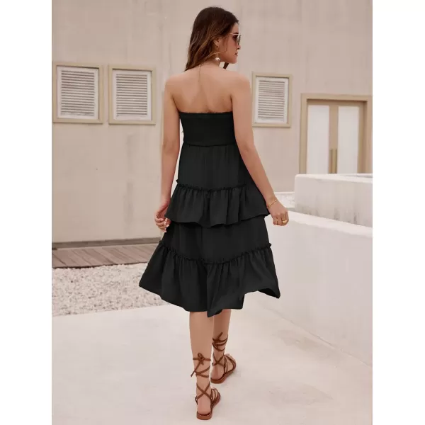 GRACE KARIN Women Two Way Boho Ruffle Tiered Tube Top Dress Shirred Flowy Midi Skirt Strapless Summer A Line Beach DressBlack