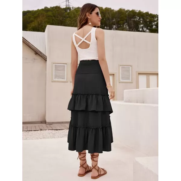 GRACE KARIN Women Two Way Boho Ruffle Tiered Tube Top Dress Shirred Flowy Midi Skirt Strapless Summer A Line Beach DressBlack