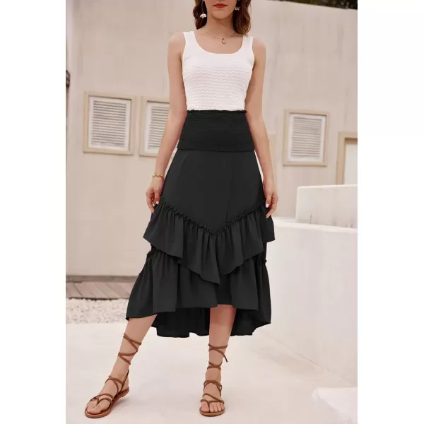 GRACE KARIN Women Two Way Boho Ruffle Tiered Tube Top Dress Shirred Flowy Midi Skirt Strapless Summer A Line Beach DressBlack