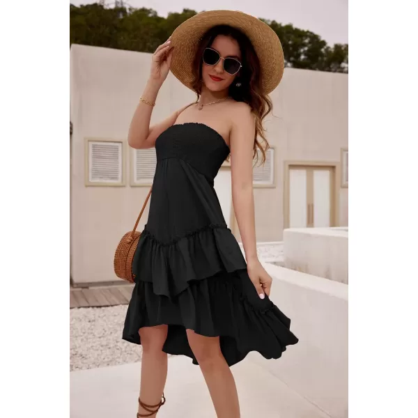 GRACE KARIN Women Two Way Boho Ruffle Tiered Tube Top Dress Shirred Flowy Midi Skirt Strapless Summer A Line Beach DressBlack