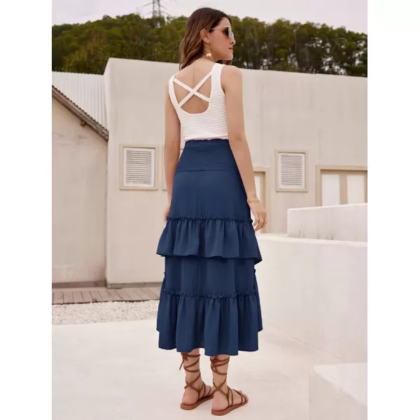 GRACE KARIN Women Two Way Boho Ruffle Tiered Tube Top Dress Shirred Flowy Midi Skirt Strapless Summer A Line Beach DressDark Blue