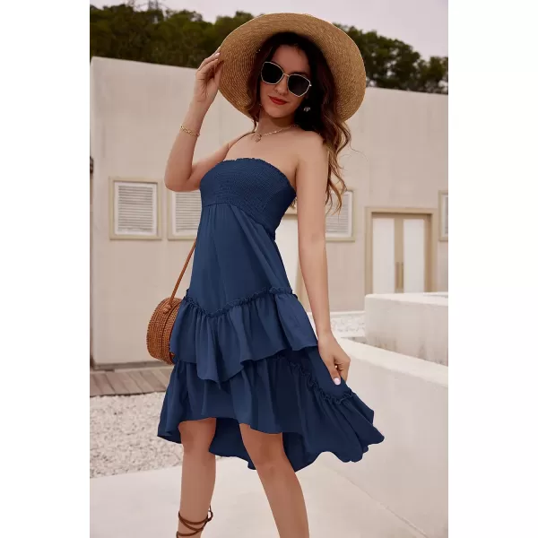 GRACE KARIN Women Two Way Boho Ruffle Tiered Tube Top Dress Shirred Flowy Midi Skirt Strapless Summer A Line Beach DressDark Blue