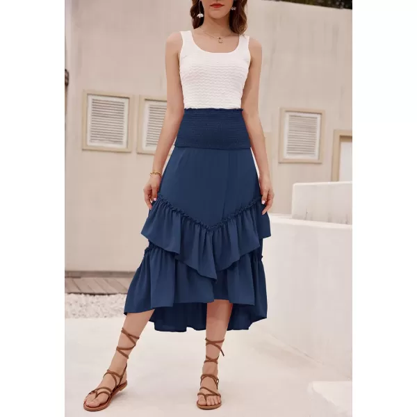 GRACE KARIN Women Two Way Boho Ruffle Tiered Tube Top Dress Shirred Flowy Midi Skirt Strapless Summer A Line Beach DressDark Blue