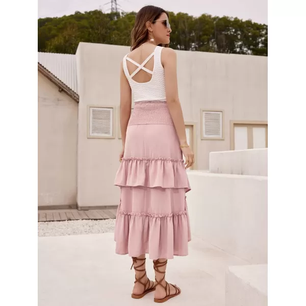 GRACE KARIN Women Two Way Boho Ruffle Tiered Tube Top Dress Shirred Flowy Midi Skirt Strapless Summer A Line Beach DressLight Pink