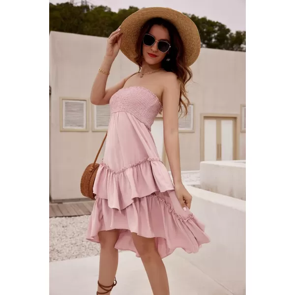 GRACE KARIN Women Two Way Boho Ruffle Tiered Tube Top Dress Shirred Flowy Midi Skirt Strapless Summer A Line Beach DressLight Pink