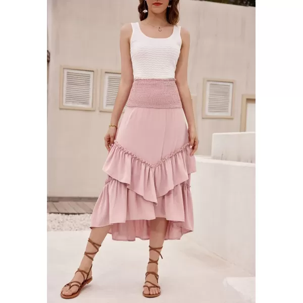 GRACE KARIN Women Two Way Boho Ruffle Tiered Tube Top Dress Shirred Flowy Midi Skirt Strapless Summer A Line Beach DressLight Pink