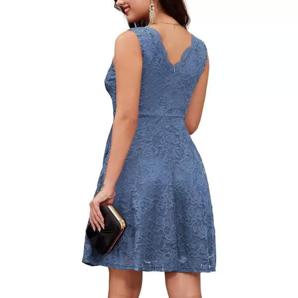 GRACE KARIN Women VNeck Lace Sleeveless Swing ALine Party Knee Length Dresses with PocketsGrey Blue