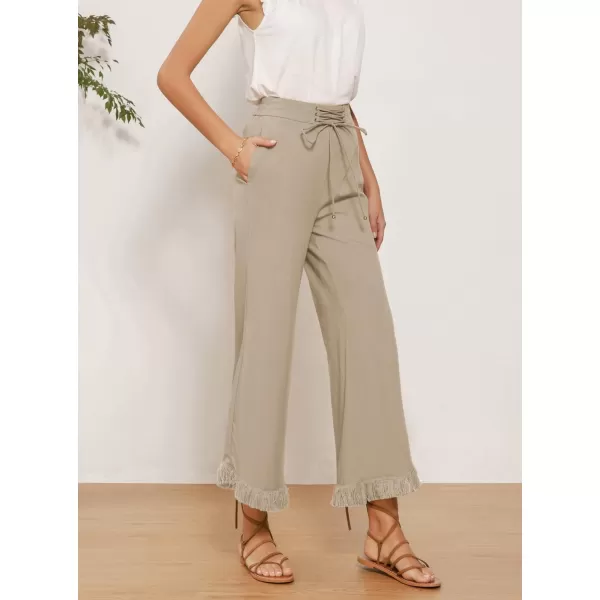 GRACE KARIN Women Wide Leg Linen Palazzo Pants Boho Drawstring Waist Oblique Tassel Hem Beach Trousers with PocketsApricot