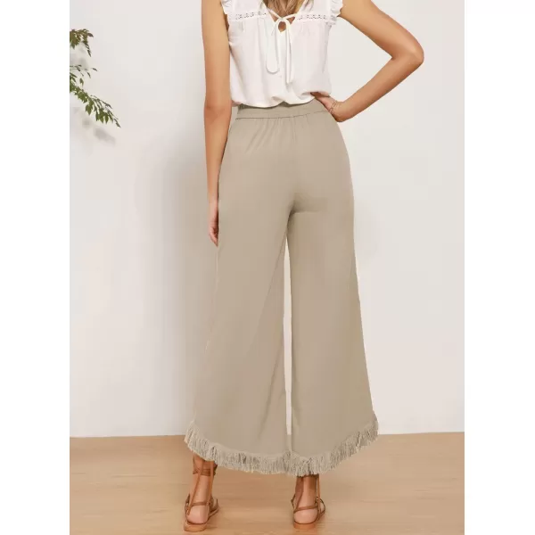 GRACE KARIN Women Wide Leg Linen Palazzo Pants Boho Drawstring Waist Oblique Tassel Hem Beach Trousers with PocketsApricot