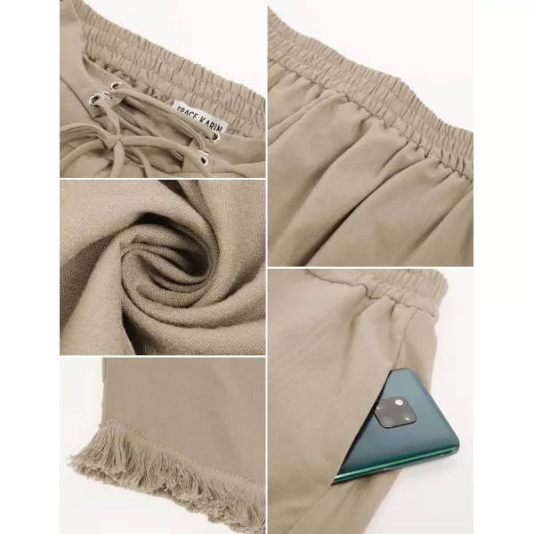 GRACE KARIN Women Wide Leg Linen Palazzo Pants Boho Drawstring Waist Oblique Tassel Hem Beach Trousers with PocketsApricot