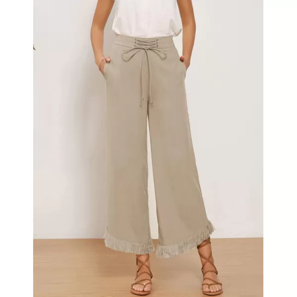 GRACE KARIN Women Wide Leg Linen Palazzo Pants Boho Drawstring Waist Oblique Tassel Hem Beach Trousers with PocketsApricot