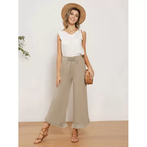 GRACE KARIN Women Wide Leg Linen Palazzo Pants Boho Drawstring Waist Oblique Tassel Hem Beach Trousers with PocketsApricot