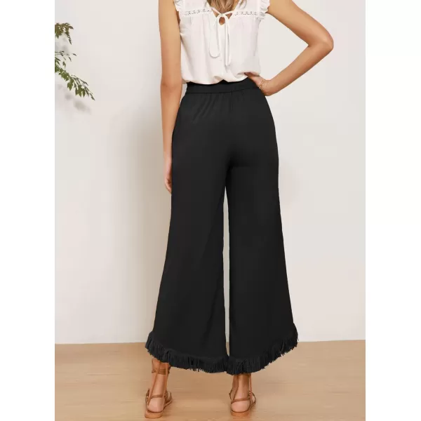 GRACE KARIN Women Wide Leg Linen Palazzo Pants Boho Drawstring Waist Oblique Tassel Hem Beach Trousers with PocketsBlack