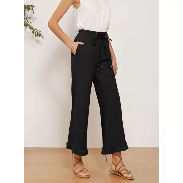 GRACE KARIN Women Wide Leg Linen Palazzo Pants Boho Drawstring Waist Oblique Tassel Hem Beach Trousers with PocketsBlack