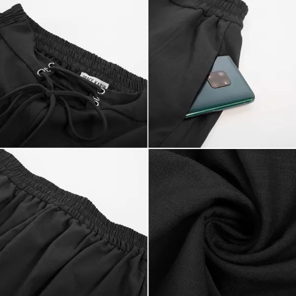 GRACE KARIN Women Wide Leg Linen Palazzo Pants Boho Drawstring Waist Oblique Tassel Hem Beach Trousers with PocketsBlack
