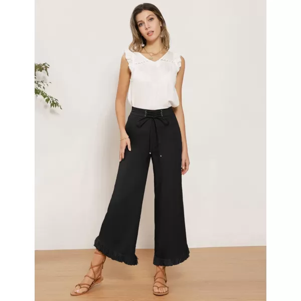 GRACE KARIN Women Wide Leg Linen Palazzo Pants Boho Drawstring Waist Oblique Tassel Hem Beach Trousers with PocketsBlack